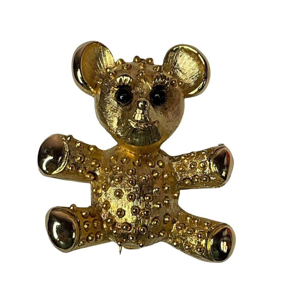 Vintage Brooch Gold Tone Teddy Bear Pin Black Bead Eyes 1.5”